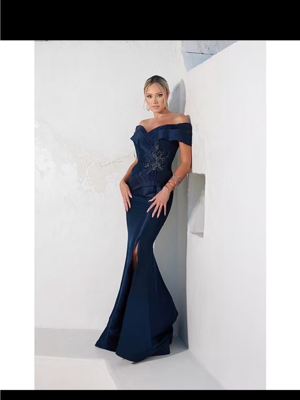 Terani Couture Off-Shoulder Navy Evening Gown with Front Slit